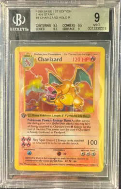 Pokemon 1999 1st Ed. Base Set Shadowless Charizard Holo #4 THIN STAMP BGS 9 - Image 1