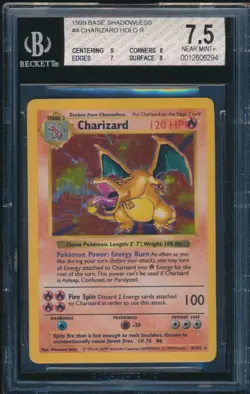 BGS 7.5 w/9 CHARIZARD 1999 Pokemon Base SHADOWLESS #4/102 Holo Rare Near MINT+ - Image 1