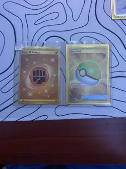 Pokemon TCG Lot Of 2 Gold Cards Basic Fighting Energy, And Nest Ball - Image 1