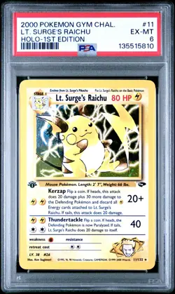 2000 POKEMON GYM CHALLENGE HOLO-1ST ED #11 LT. SURGE'S RAICHU PSA 6 - Image 1