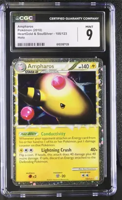 2010 POKEMON HEARTGOLD & SOULSILVER AMPHAROS PRIME 105/123 ULTRA RARE HOLO CGC 9 - Image 1