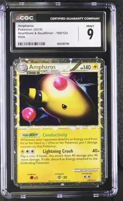 2010 POKEMON HEARTGOLD & SOULSILVER AMPHAROS PRIME 105/123 ULTRA HOLO CGC 9 B - Image 1