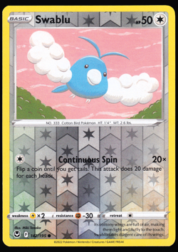 Swablu 142/195 Reverse Holo Silver Tempest Pokemon TCG Card NM - Image 1
