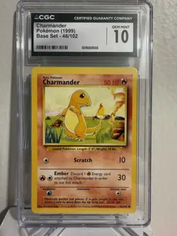 CGC 10 GEM MINT Charmander 1999 Base Set 46/102 Pokemon TCG Card Graded Vintage - Image 1