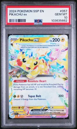 2024 POKEMON SSP EN-SURGING SPARKS #057 PIKACHU EX PSA 10 - Image 1