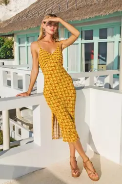 Nine Lives Bazaar Shimmy Slip dress - Antigua (Mustard & brown) Size 16 RRP $229 - Image 1