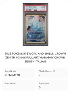 POKEMON PSA 10 MANAPHY FULL ART GG06/GG70 ZENIT REGALE ITALIANO 2023 POP 1 🌎 - Image 4