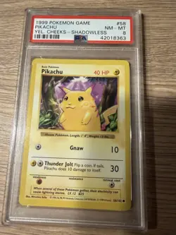 Pikachu Yellow Cheeks 1999 WOTC Pokemon Card 58/102 Base Set PSA Grade NM Mint 8 - Image 1