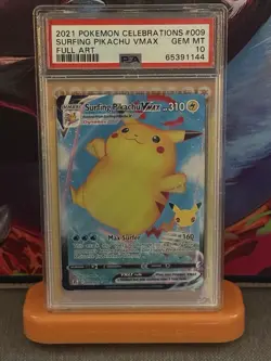 2021 POKEMON CELEBRATIONS #009 FULL ART/SURFING PIKACHU VMAX PSA 10 GEM MINT - Image 1