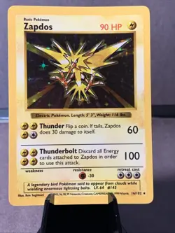 Pokemon TCG Zapdos 16/102 Base Set Shadowless Holo Rare 1999 VTG WOTC LP - Image 1