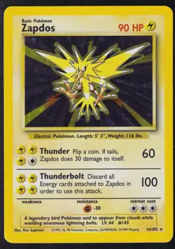 Pokemon Cards: Base Set Rare Holo: Zapdos 16/102 TCG 1999 WOTC Vintage - Image 1