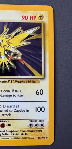 Pokemon Cards: Base Set Rare Holo: Zapdos 16/102 TCG 1999 WOTC Vintage - Image 4