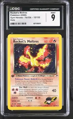 CGC 9 MINT Rocket's Moltres 2000 Gym Heroes 1st Edition 12/132 Holo Pokemon Card - Image 1