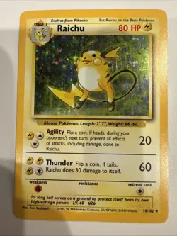 Pokemon Card Raichu 14/102 Base Set Unlimited Holo Rare - Image 1
