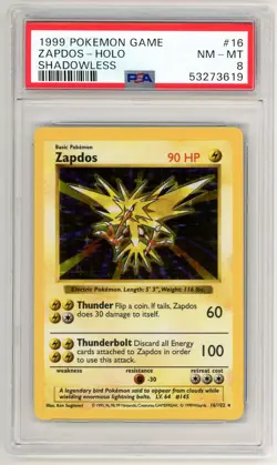 ZAPDOS SHADOWLESS HOLO BASE SET PSA 8 NM-MT #16/102 - 1999 POKEMON - Image 1