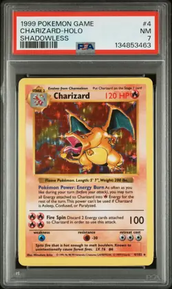 PSA 7 NM Charizard Base Set 4/102 Shadowless Holo 1999 Pokemon Game Graded Card - Image 1