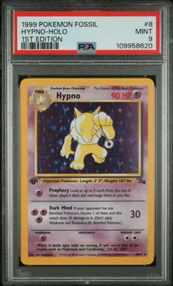 1999 POKEMON FOSSIL 1ST ED #8 HYPNO-HOLO PSA 9 - Image 1