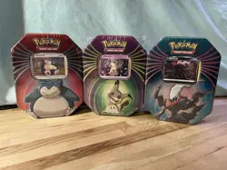 Sealed Pokemon TCG's Mighty Mysterious 2021 Mimikyu Snorlax Darkrai Tins Set 3 - Image 1