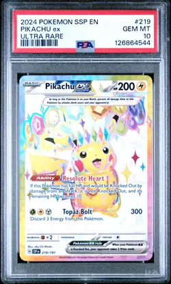 2024 POKEMON SSP EN-SURGING SPARKS ULTRA RARE #219 PIKACHU EX PSA 10 - Image 1