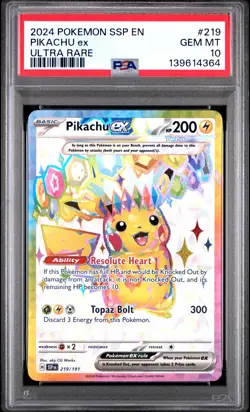 2024 POKEMON SSP EN-SURGING SPARKS ULTRA RARE #219 PIKACHU EX PSA 10 - Image 1