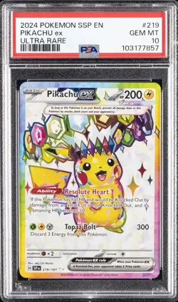 2024 POKEMON SSP EN-SURGING SPARKS ULTRA RARE #219 PIKACHU EX PSA 10 - Image 1