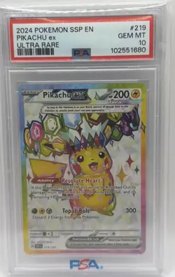 2024 POKEMON SSP EN-SURGING SPARKS | ULTRA RARE #219 PIKACHU EX PSA 10 - Image 1