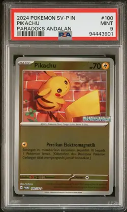 PSA 9 MINT Pikachu 100/SV-P Paradoks Andalan Stamped Promo Reverse Holo Pokemon - Image 1