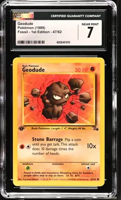 Pokemon English Geodude 47/62 1999 Fossil - 1st Edition Common CGC PSA Beckett 7 - Image 1