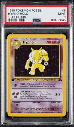1999 POKEMON FOSSIL 1ST ED #8 HYPNO-HOLO PSA 9 - Image 1