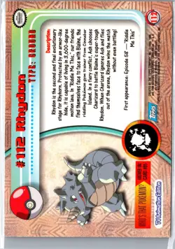 2000 Topps Pokemon TV Animation Edition Series 2 Rhydon #112 Holo Foil Blue Logo - Image 2