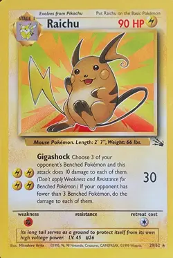 Pokemon Raichu 29/62 Fossil Unlimited Ultra Rare Non Holo Card NM - Image 1