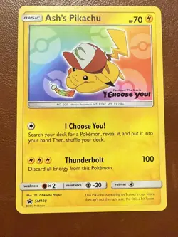 Pokemon Pikachu TCG Card Ash's Pikachu SM108 Promo, Near Mint. - Image 1