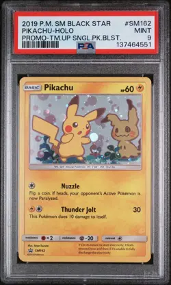 2019 Pokemon Team Up Pikachu Holo Promo #SM162 Black Star Promo Card PSA 9 Mint - Image 1