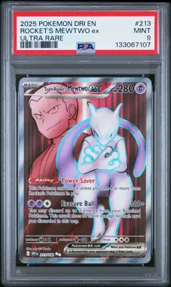 2025 POKEMON DRI EN DESTINED RIVALS ULTRA RARE TEAM ROCKET'S MEWTWO EX 213 PSA 9 - Image 1