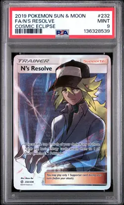 2019 POKEMON SUN & MOON COSMIC ECLIPSE #232 FULL ART/N'S RESOLVE PSA 9 - Image 1
