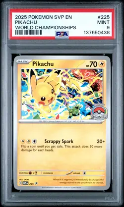 2025 POKEMON SVP EN-SV BLACK STAR PROMO WORLD CHAMPIONSHIPS #225 PIKACHU PSA 9 - Image 1