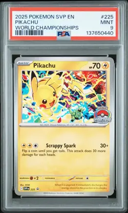 2025 POKEMON SVP EN-SV BLACK STAR PROMO WORLD CHAMPIONSHIPS #225 PIKACHU PSA 9 - Image 1