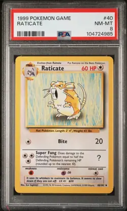 1999 Pokemon Game Raticate #40 PSA 8 - Image 1