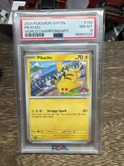 2024 POKEMON SVP EN-SV BLACK STAR PROMO WORLD CHAMPIONSHIPS #190 PIKACHU PSA 8 - Image 1