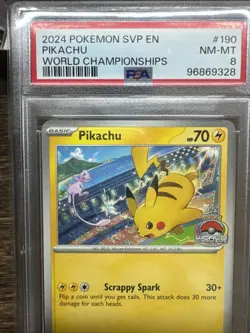 2024 POKEMON SVP EN-SV BLACK STAR PROMO WORLD CHAMPIONSHIPS #190 PIKACHU PSA 8 - Image 4