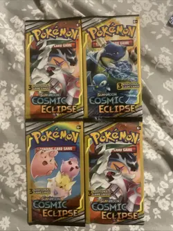Pokemon Sun & Moon Cosmic Eclipse (4) 3-Card Booster Packs Art Set 2019 Sealed - Image 1