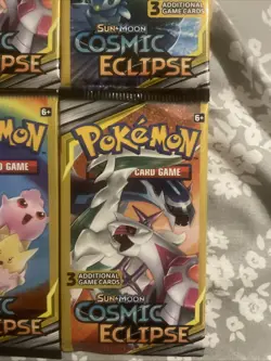 Pokemon Sun & Moon Cosmic Eclipse (4) 3-Card Booster Packs Art Set 2019 Sealed - Image 2