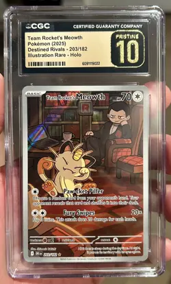 CGC PRISTINE 10 Team Rocket's Meowth 203/182 IR Destined Rivals DRI Pokemon Card - Image 1