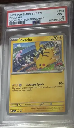 2024 POKEMON SVP EN-SV BLACK STAR PROMO WORLD CHAMPIONSHIPS #190 PIKACHU PSA 9 - Image 1