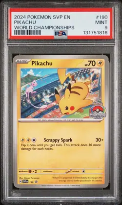 2024 POKEMON SVP EN-SV BLACK STAR PROMO WORLD CHAMPIONSHIPS #190 PIKACHU PSA 9 - Image 1