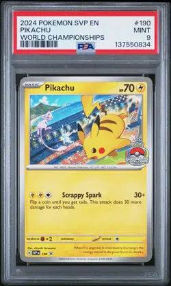 2024 POKEMON SVP EN-SV BLACK STAR PROMO WORLD CHAMPIONSHIPS #190 PIKACHU PSA 9 - Image 1