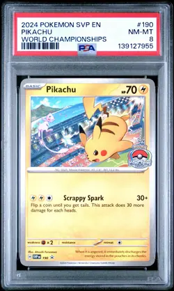 2024 POKEMON SVP EN-SV BLACK STAR PROMO WORLD CHAMPIONSHIPS #190 PIKACHU PSA 8 - Image 1