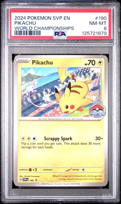 2024 POKEMON SVP EN-SV BLACK STAR PROMO WORLD CHAMPIONSHIPS #190 PIKACHU PSA 8 - Image 1