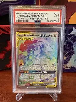 Pokemon PSA 9 Reshiram & Zekrom GX 259/236 Cosmic Eclipse Rainbow Rare Near Mint - Image 1
