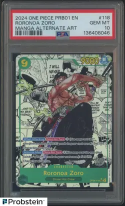 2024 One Piece PRB01 EN Manga Alternate Art #118 Roronoa Zoro PSA 10 GEM MINT - Image 1